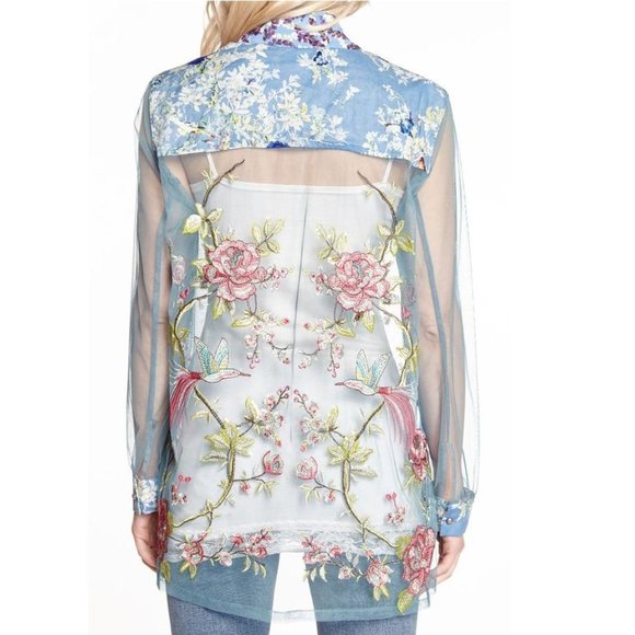 Aratta Birds Talk Mesh Kimono NWT • Small • Floral Boho Blue White Floral Mesh - Picture 5 of 6